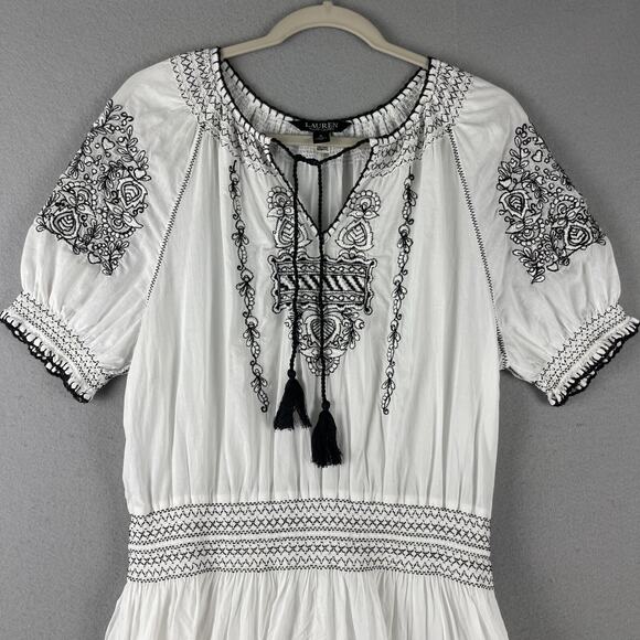 Lauren Ralph Lauren Embroidered Tiered Dress Womens 8 Voile Tassel Boho Peasant - Picture 3 of 16